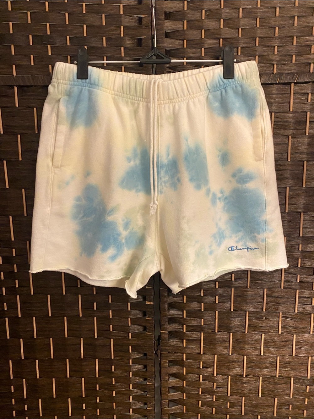 Champion Woman’s Cream Shorts w/Light Blue Tie-Dye Accents - Size M - 90% Cotton